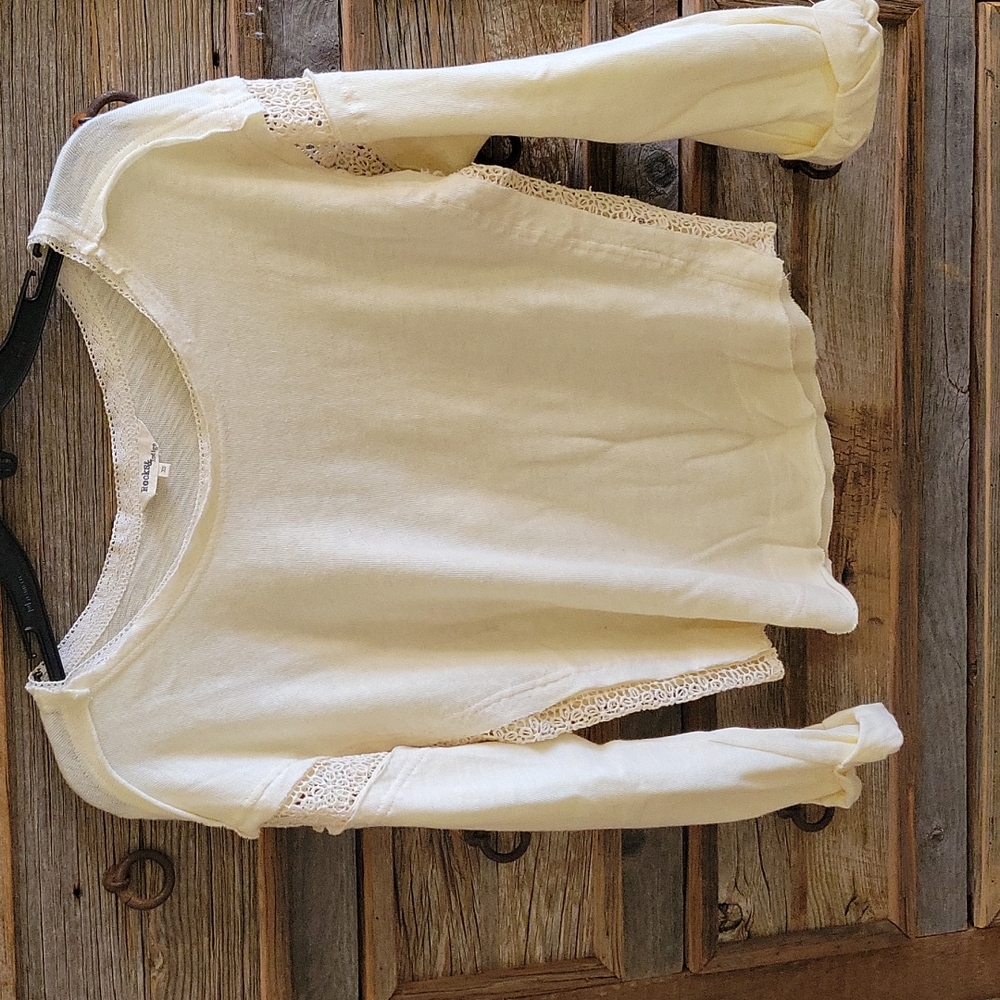 Peek a boo top, XS cotton, cream lacy see thru ruffle wrist scoop neck